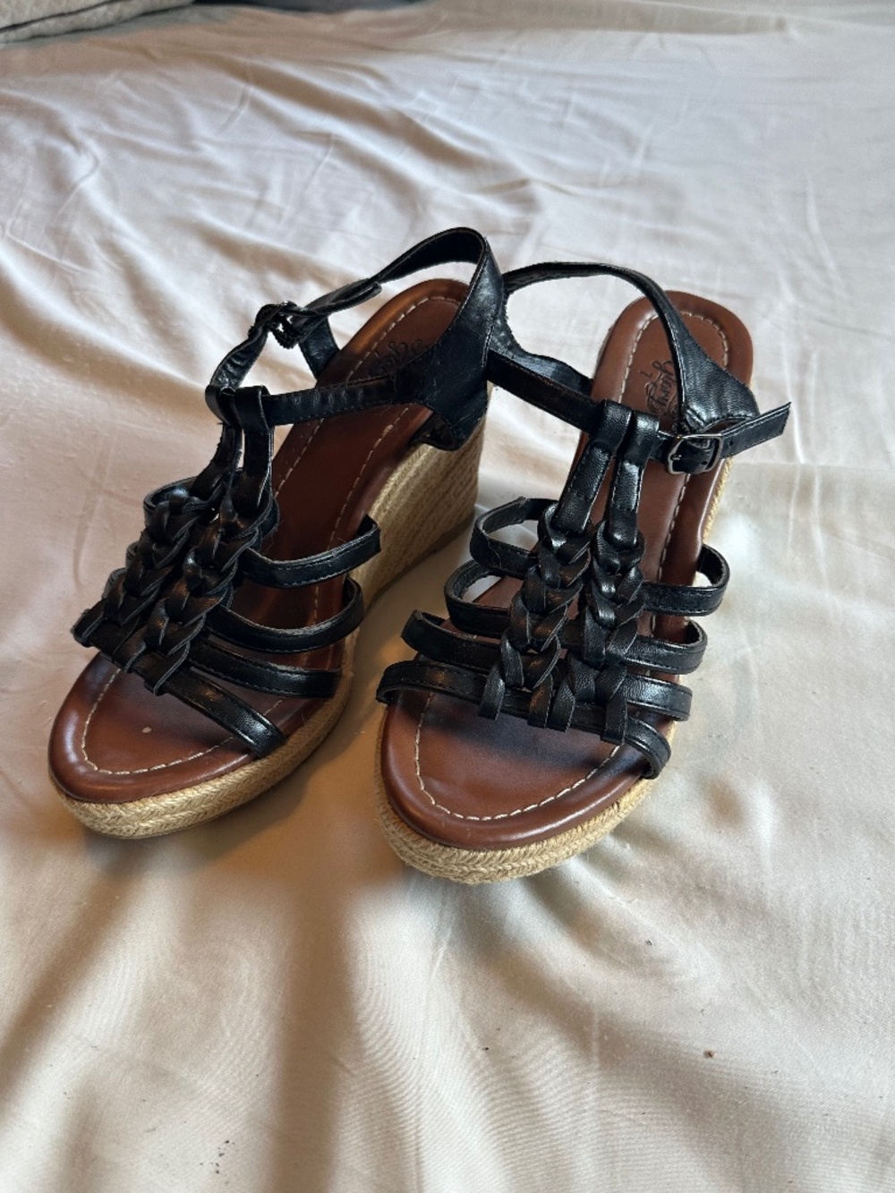Faded Glory Size 7 Black Braided Espadrille Wedge T Strap Sandals